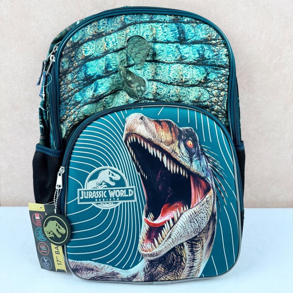 Jurassic World Kids Dinosaur Backpack 17'' Strap Reflective Water Resistant NWT